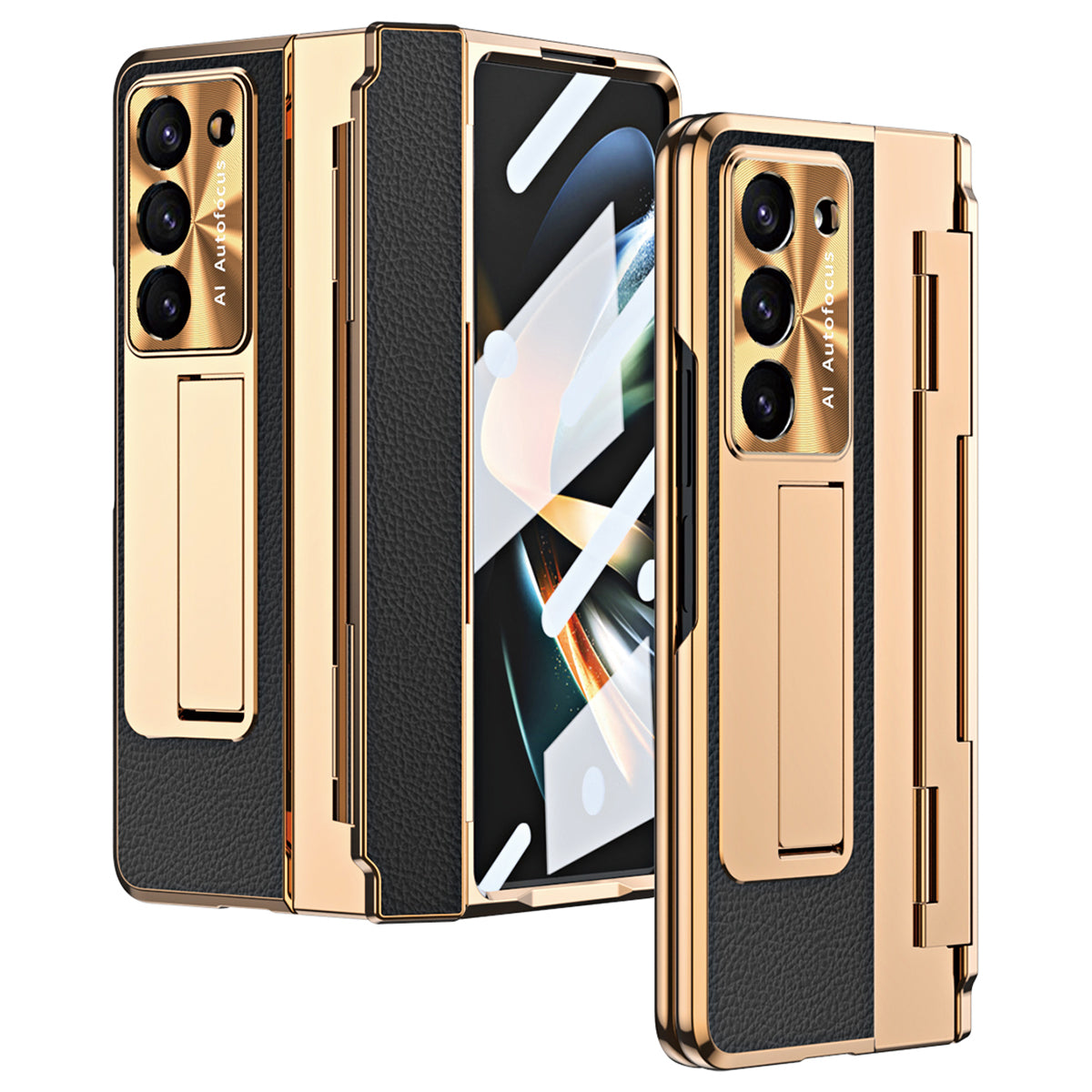 For Samsung Galaxy Z Fold6 5G Case Leather+PC Kickstand Phone Cover with Tempered Glass Film - Gold+Black For Samsung Galaxy Z Fold6 5G Case Leather+PC Kickstand Phone Cover with Tempered Glass Film - Gold+Black